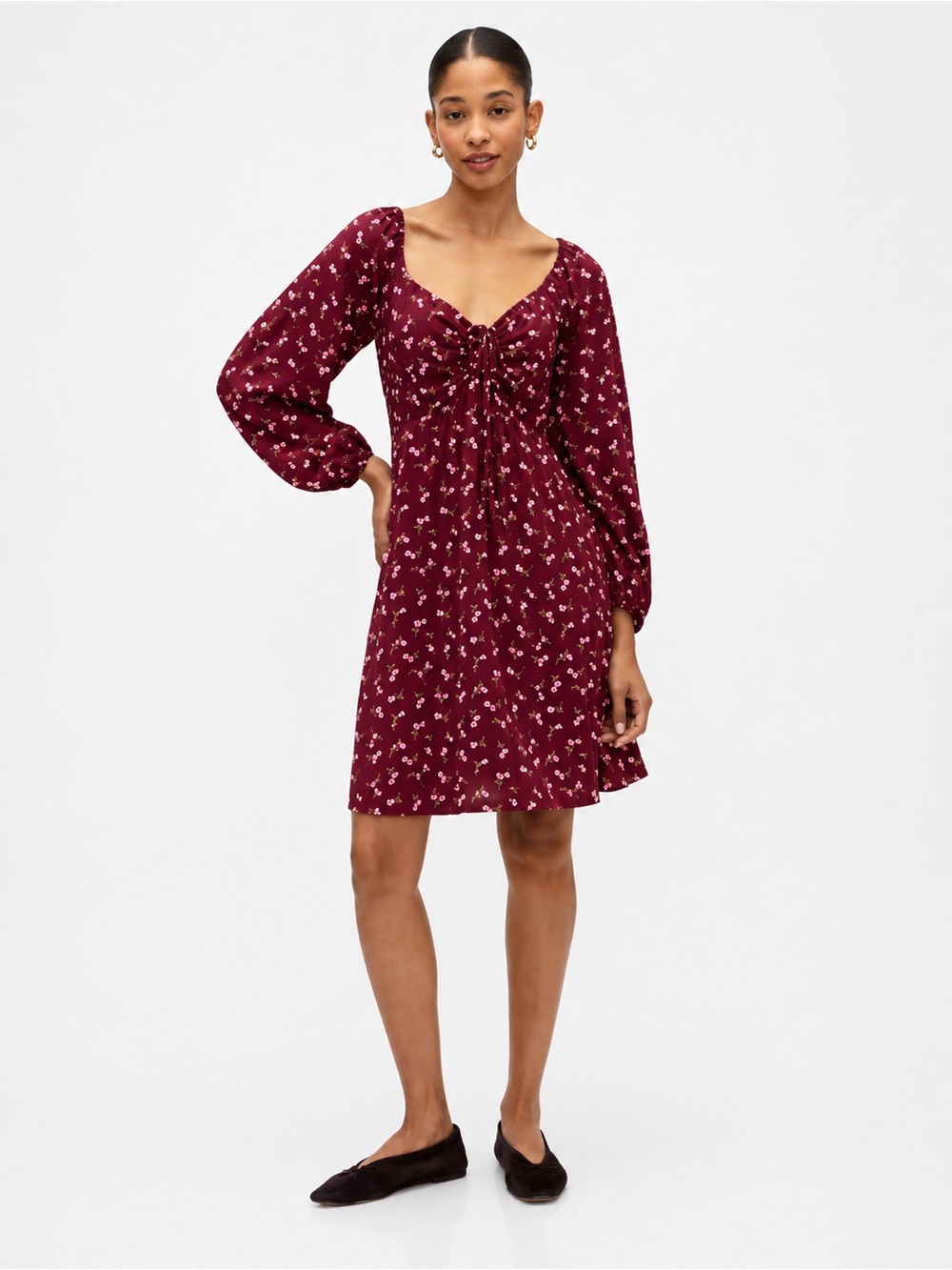 Gap NWT Smocked Floral Mini Dress – Burgundy Long Sleeve Cottagecore‎